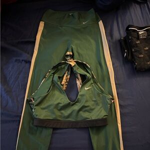 Nike womens green, gold, and camo matching pants and sports bra